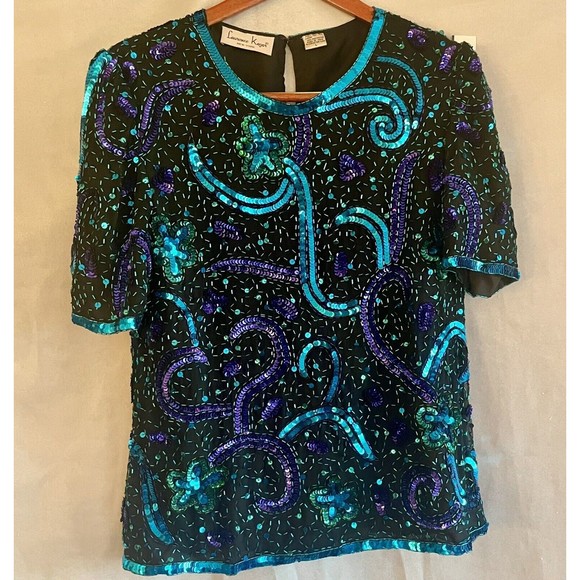 Lawrence Kazar VTG Womens Silk Beaded Sequin Blouse Size Large Black Blue Purple - Picture 4 of 13